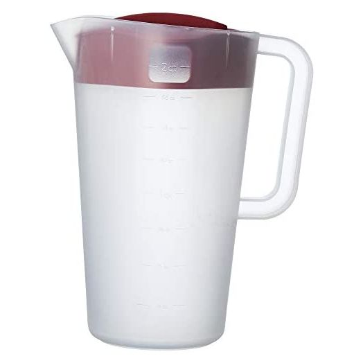 Goodcook 10659 1/2 Gallon Plastic Straining Pitcher Square Lid with 3 Strainers and Close No Spill, Dishwasher Safe, Clear and Red
