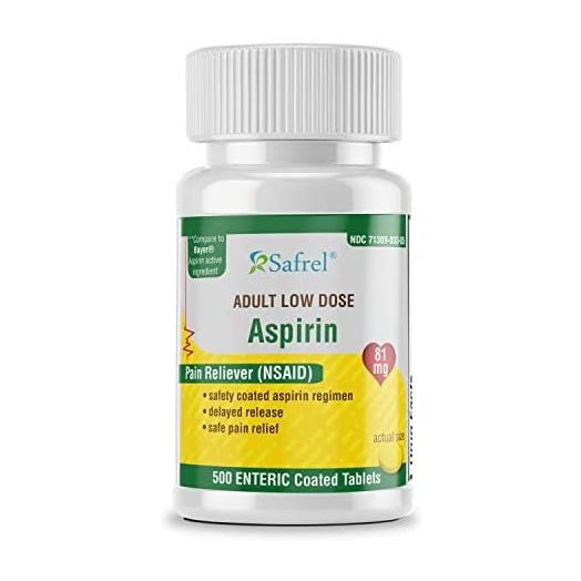 Safrel Aspirin 81 mg (500 Enteric Coated Tablets) | Adult Low Dose Strength Pain Reliever (NSAID) | Safe Pain Relief for Minor Aches and Pain | Value Pack Generic Bayer Low Dose