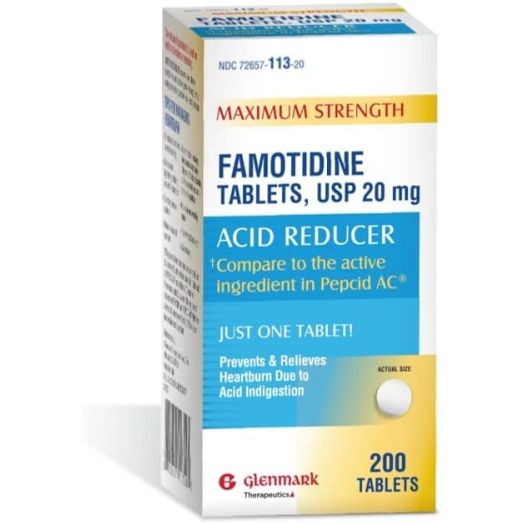Glenmark Maximum Strength Famotidine Tablets 20 mg, Acid Reducer for Heartburn Relief, 200 Count