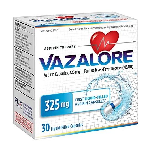 VAZALORE™ Aspirin 325mg for Adults | Fast Pain Relief & Fever Reducer | Immediate Release Liquid-Filled Capsules to Help Protect Stomach | 30 Count