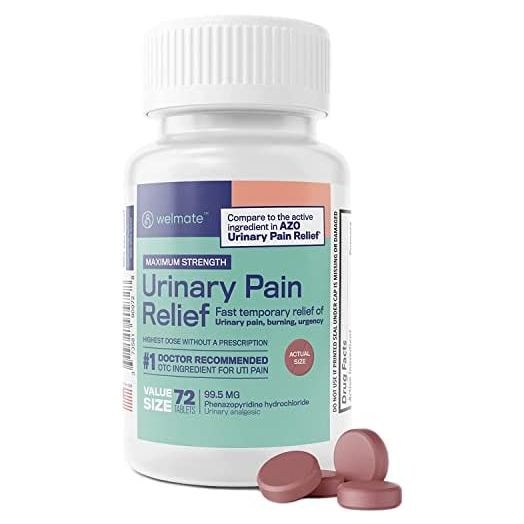 WELMATE Urinary Pain Relief | UTI Relief | Fast Acting | Bladder Discomfort & Pain Relief | Phenazopyridine Hydrochloride 99.5mg | 72 Count Tablets