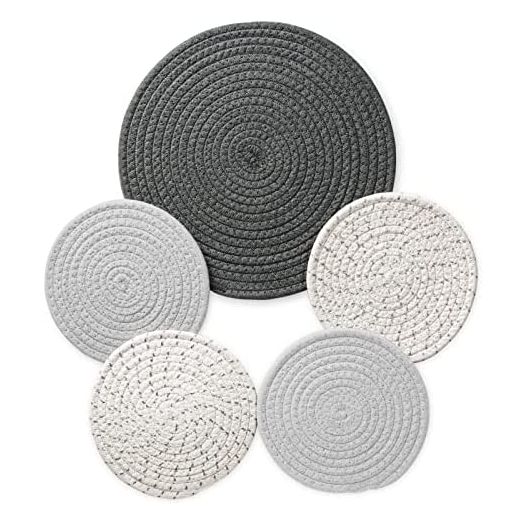 5-Pcs Trivet Pot Holder: Round Woven Potholders Set - 100% Cotton Braided Hot Pads - Coasters - Table Mats for Cooking and Baking One 11.8 Inch and Four 7 Inch