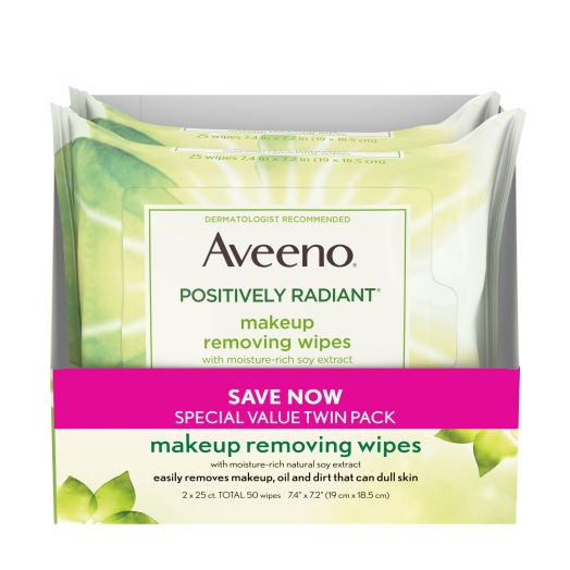 Aveeno Positively Radiant Makeup Removing Face Wipes, 2 x 25 ct.