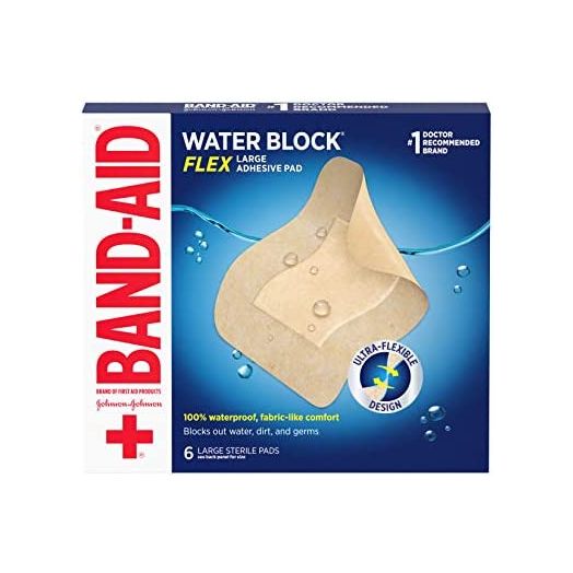 Band-Aid Brand Water Block Flex Large Adhesive Pads, 100% Waterproof Bandage Pads for First-Aid Wound Care of Minor Cuts, Scrapes & Wounds, Ultra-Flexible Design, Sterile, Large, 6 ct