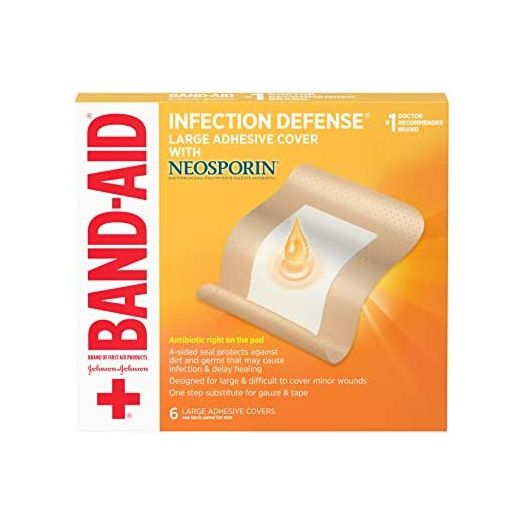 Band-Aid Brand Infection Defense Adhesive Wound Covers with Neosporin Antibiotic Ointment On The Pad for First Aid Wound Care, Bacitracin Zinc & Polymyxin B Sulfate, Sterile, Large, 6 ct