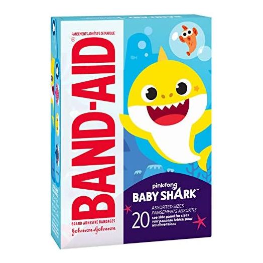Band-Aid Brand Adhesive Bandages for Minor Cuts & Scrapes, Wound Care Featuring Pinkfong Baby Shark Characters for Kids and Toddlers, Assorted Sizes 20 ct