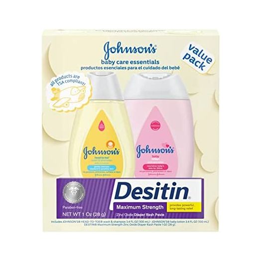 Johnson's Baby Care Essentials Gift Set, Baby Skincare Set with Body Wash & Shampoo, Body Lotion, & Zinc Oxide Diaper Rash Paste for Baby's Delicate Skin, Value Pack, Travel-Size, 3 Items