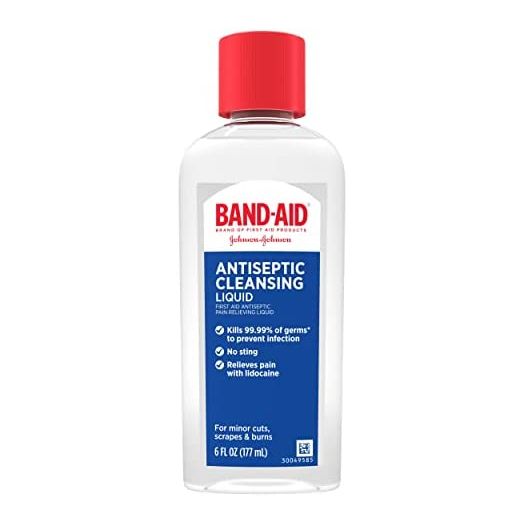 Band-Aid Brand Antiseptic Cleansing Liquid, First Aid Antiseptic Wash Relieves Pain & Kills Germs, with Benzalkonium Cl Wound Antiseptic & Lidocaine HCl Topical Analgesic, 6 fl. oz