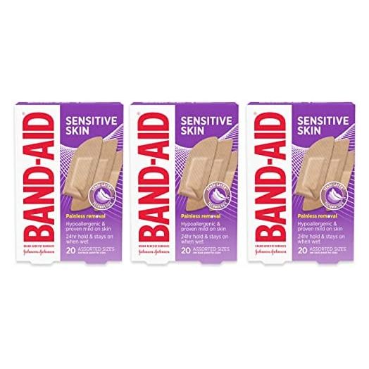 Band-Aid Brand Adhesive Bandages for Sensitive Skin, Durable Hypoallergenic Bandages to Protect Minor Cuts, Scrapes & Burns, Sterile, Assorted Sizes, Three Pack, 3 x 20 ct
