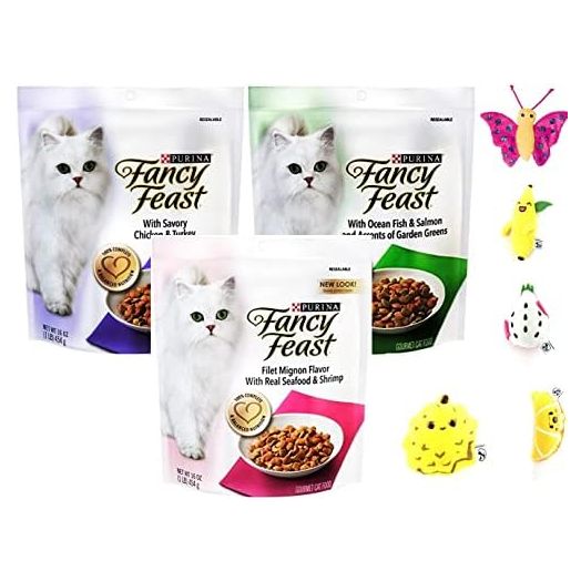 Fancy Feast Gourmet Dry Cat Food (3) Flavor Variety Pack (Filet Mignon, Ocean Fish and Salmon, Chicken and Turkey) Plus Aurora Pet Cat Toy (Assorted)