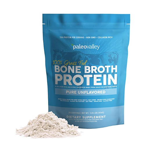 Paleovalley 100% Grass Fed Beef Bone Broth Protein Powder - Rich in Collagen Peptides for Hair, Skin, Gut Health, Bone and Joint Support - 28 Servings, 15g Protein Per Serving - No Gluten or GMOs