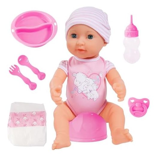 Bayer Design: Piccolina Newborn Baby Doll - 16" Pink Sheep - Potty Training Functions, Includes Feeding Accessories, Open/Closes Eyes, Kids Age 18+ Mo