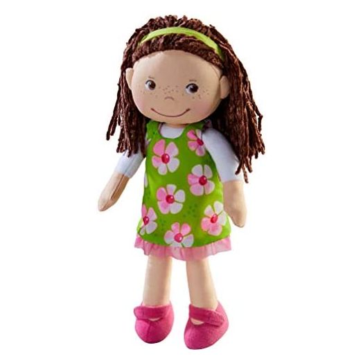 HABA Coco 12" Soft Doll with Brown Hair, Embroidered Face, Removable Green Dress and Matching Headband - Machine Washable for Ages 18 Months +