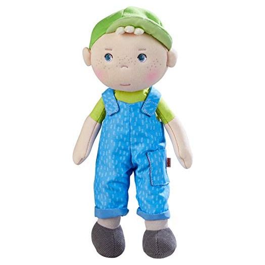 HABA Snug Up Til - 10" Soft Boy Doll with Blond Hair, Embroidered Face and Removable Blue Overalls (Machine Washable) for Ages 18 Months +