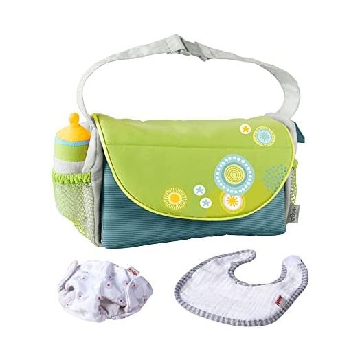 HABA Diaper Bag Summer Meadow - Doll Sized Pretend Playset Role Play Toy Folds into Changing Pad with Soft Baby Bottle, Bib and Cloth Diaper