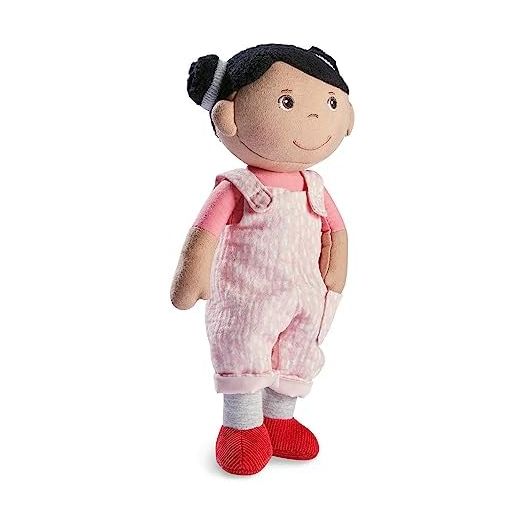 HABA Snug Up Doll Rumbi - 10" Soft Doll with Black Hair and Pink Overalls - Machine Washable for 18 Months and Up