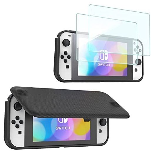 ProCase Flip Cover for Nintendo Switch OLED with 2 Pack Tempered Glass Screen Protectors, Slim Protective Case with Magnetically Detachable Front Cover for Nintendo Switch OLED 2021 -Black