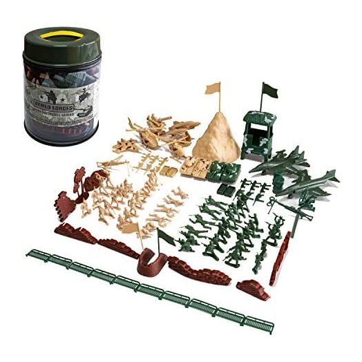 Hautton Toy Army Men Set, 107 PCS Plastic Military Action Figures Combat Battle Playset Bucket with Soldiers, Tank, Plane, Helicopter, Flag, Fence, and Battlefield Accessories for Boys Kids Children