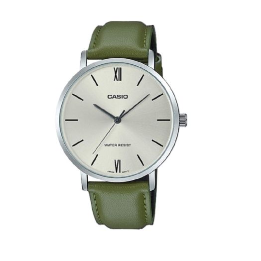 Casio MTP-VT01L-3B Men's Minimalistic Silver Dial Green Leather Band Analog Watch