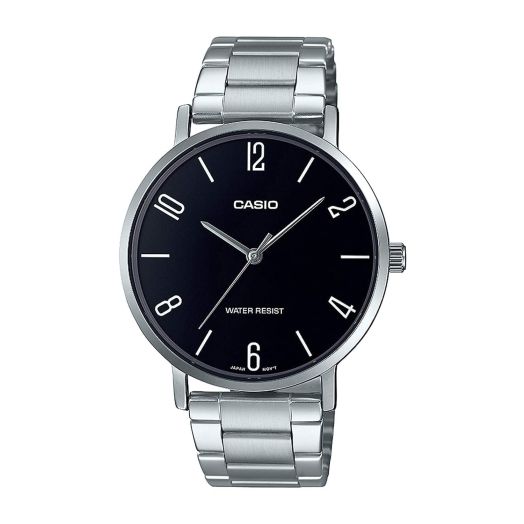 Casio Crocodile Embossed Black Leather Round Analog Watch, Silver/Black, Bracelet