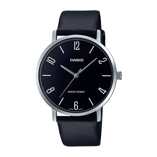 Casio MTP-VT01L-1B2 Men's Minimalistic Black Dial Black Leather Band Analog Watch