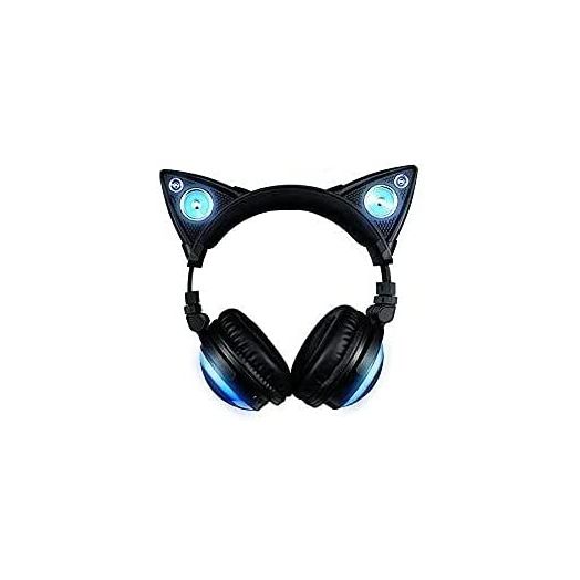 New Edition Wireless Cat Ear Headphones (12 Color Changing) with Speakers & 3.5mm Jack, Type-C Charging, Bluetooth&Wired Connection (Black)