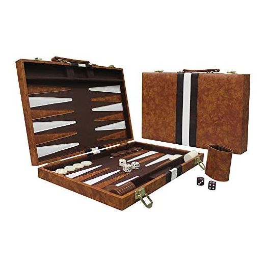 Sun Flair Backgammon Set Leatherette 15 inch, Folding Classic Board Game, Tip Guide Enclosed, Brown 135M-1