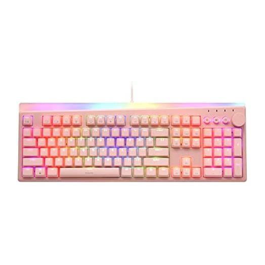 i-rocks K71M RGB Mechanical Gaming Keyboard with Media Control Knob, Gateron Switches (Brown), 104 Keys w/Full NKRO, PBT Keycaps, Multimedia Hotkeys, Detachable USB-C Cable and Onboard Storage, Pink