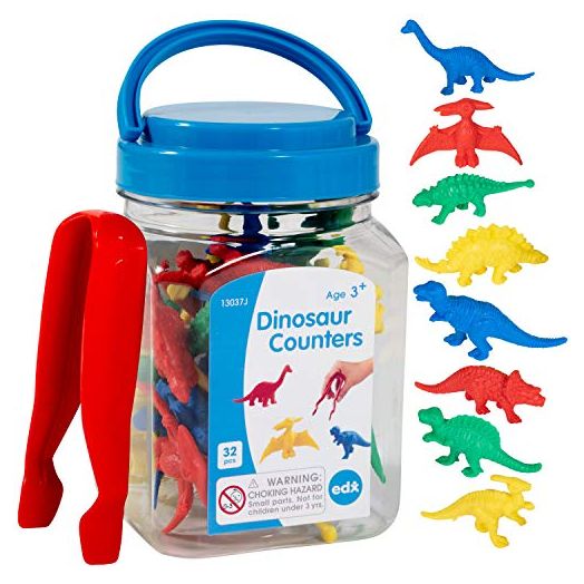 Edx Education Dinosaur Counters - Mini Jar Set of 32 - Learn Counting, Colors, Sorting and Sequencing - Math Manipulative for Kids