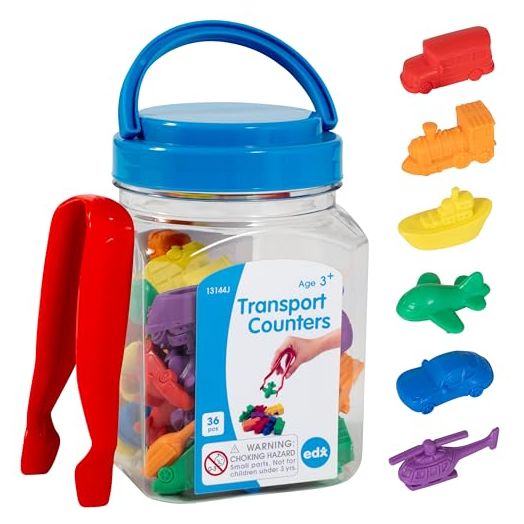 edxeducation Transport Counters - Mini Jar - Set of 36 - Learn Counting, Colors, Sorting and Sequencing - Hands-on Math Manipulative for Kids