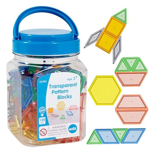 edxeducation Transparent Pattern Blocks - Mini Jar Set of 120 - Plastic Pattern Blocks - Practice Sorting, Patterns, Measurement and Fractions - Sensory Play - Math Manipulative for Kids