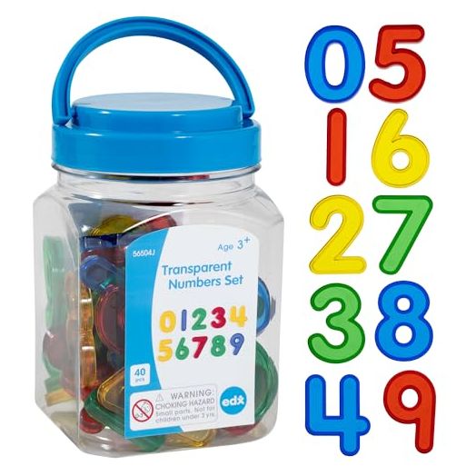 edxeducation Transparent Numbers Set - Mini Jar Set of 40 - Colorful, Plastic Numbers - Light Box Accessory - Sensory Play - Math Manipulative for Kids