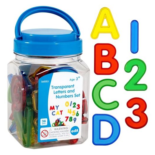 edxeducation Transparent Letters and Numbers - Mini Jar - Colorful, Plastic Letters and Numbers - Light Box Accessory - Sensory Play - Practice Counting and Spelling