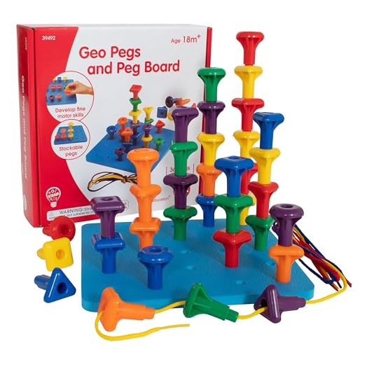 edxeducation Geo Pegs and Peg Board Set - 36 Pegs in 3 Shapes and 6 Colors + 3 Laces - Ages 18m+ - Homeschool Supplies for Preschool Activities