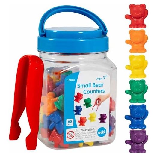 edxeducation Small Bear Counters - Mini Jar - Set of 60 - Early Math Manipulatives - Bear Counters, Tweezers and Actvity Guide - Home Learning