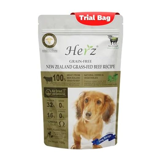Herz Air-Dried Dog Food – New Zealand Grass-Fed Beef Recipe, Single Pure-Meat, Grain Free, All Natural, High Protein, Limited Ingredients 3.5 oz Trial Bag