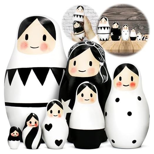 AEVVV Black and White Russian Nesting Dolls Set of 7 pcs - Matryoshka Doll for Black and White Decor - Black and White Decorations - Striped Kitchen Decor