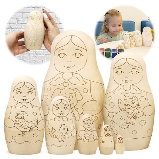 AEVVV Blank Russian Nesting Dolls to Paint Set 7 pcs - Wooden Crafts to Paint Your Own Matryoshka - Unfinished Wood Crafts - Blank Nesting Dolls Unpainted
