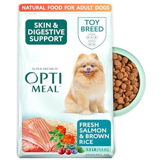 OPtimeal Dry Dog Food for Toy Breeds - Proudly Ukrainian - Tasty Dog Food Dry Recipe with Skin and Digestive Support for Adult Small and Toy Breed Dogs (3.3 Pound (Pack of 1), Salmon & Brown Rice)