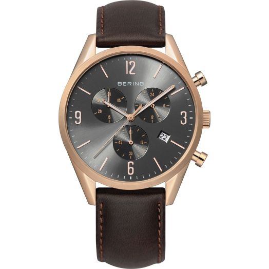 BERING Men Analog Quartz Classic Collection Watch with Calfskin Leather Strap & Sapphire Crystal, Brown/Rose Gold, 42, Brown/Rose Gold