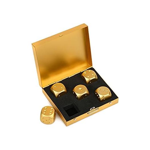 DS.DISTINCTIVE STYLE Aluminum Alloy Dice 5 Pieces 16mm Portable Metal Dices with Case 6 Sided Dice for Party Game (Golden Square)