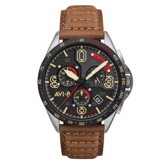 AVI-8 Mens 43mm P-51 Mustang Blakeslee Chronograph Bronze Oak Japanese Meca-Quartz Pilot Watch with Leather Strap AV-4077-02