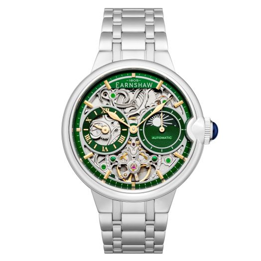 Thomas Earnshaw Barallier Sun Moon Dual Time Men's Automatic 42mm Silver Dial Watch with Solid Stainless Steel Bracelet ES-8242-66