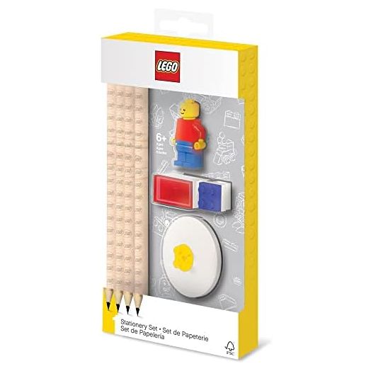 Lego Stationery Set with Minifigure, Graphite Pencils, Eraser, Pencil Sharpener, and Pencil Topper, Ages 6+, Set Includes 8 Pieces (Brick & Minifigure Colors May Vary)