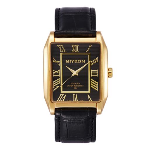 Miykon Classic Watches for Men - Black Strap Watch with Roman or Arabic Numerals, Japanese Quartz, Water Resistant, 38mm - Model F2B66 (Roman Numeral, Gold Case, Black Dial)