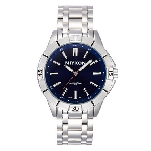 Miykon Stainless Steel Watches for Men - Sport and Dress Watch, Solid Stainless Steel Band, Japanese Quartz, Water Resistant, 42mm - Model V2G18 (Silver Bracelet, Blue Dial)
