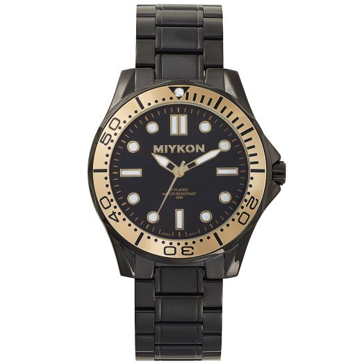 Miykon Stainless Steel Watches for Men - Sport Watch, Japanese Quartz, Water Resistant, 45mm - Model Y3D84 (Black Bracelet, Gold Bezel)