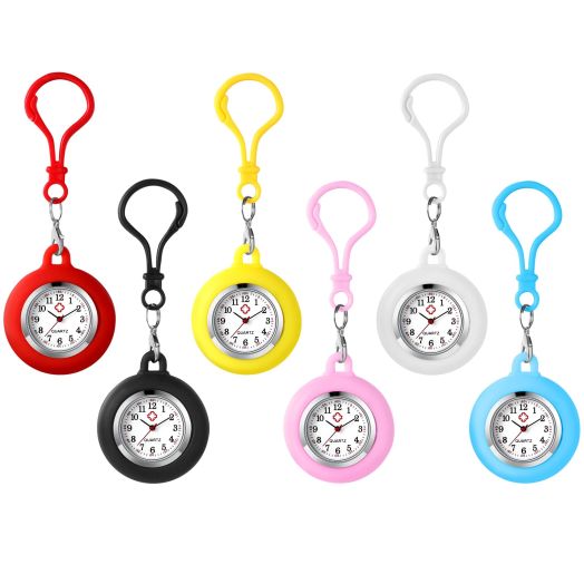 JewelryWe 6-Pieces Wholesale Clip On Nurse Watch: Silicone Backpack Fob Belt Hanging Pocket Watch for Men Women Rock Climbing Doctors Nurses Outdoor Activities