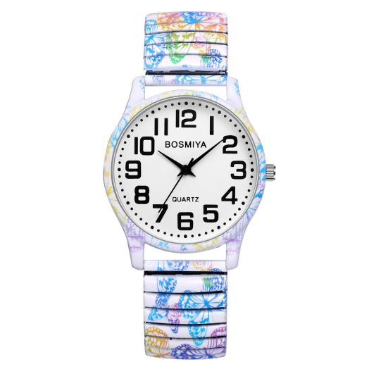 JewelryWe Womens Stretch Band Watches: Easy Reader Analog Quartz Elastic Watch Casual Floral Expansion Band Wristwatch for Valentine’s Day