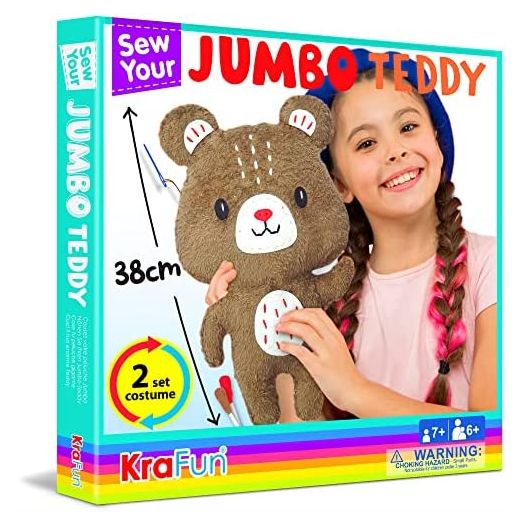 KraFun Big Jumbo Teddy Bear Animal Sewing Kit for Kids Beginner My First Art & Craft, Make 1 Stuffed Doll with 2 Costumes, Instructions & Plush Felt Materials for Learn to Sew, Embroidery, Age 7-12
